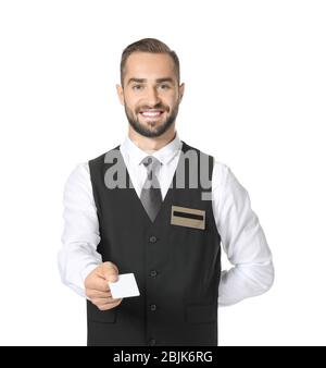 Carta di consegna per addetto alla reception dell'hotel su sfondo bianco Foto Stock