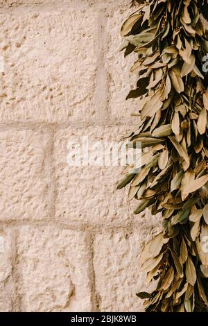 Foglie di oliva asciutte su fondo di pietra. La struttura della pietra. Foglie di oliva legate in una corona. Elemento di decorazione della casa di Natale a Dubrovnik Foto Stock