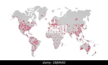 Mappa del mondo isolato su sfondo bianco con virus rosso. Pandemia, concetto di coronavirus. Rendering 3D. Foto Stock