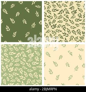 Set di 4 semplici motivi vettoriali floreali senza giunture. Verde, foglie beige su uno sfondo chiaro. Graziosi e ripetibili layout di primavera. Verde tenue Illustrazione Vettoriale
