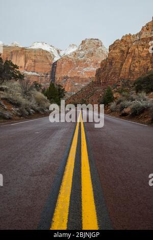 Strada dritta attraverso il Parco Nazionale di Zion, Utah, USA Foto Stock