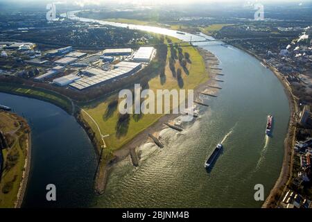 , foce del fiume Ruhr nel fiume Reno a Duisburg, 05.01.2017, vista aerea, Germania, Nord Reno-Westfalia, Ruhr Area, Duisburg Foto Stock