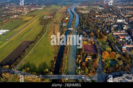 fiume Lippe e chanel Datteln-Hamm-Kanal a Hamm, 12.11.2016, vista aerea, Germania, Nord Reno-Westfalia, Ruhr Area, Hamm Foto Stock