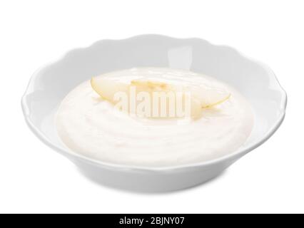 Piastra con porridge per bambino su sfondo bianco Foto Stock