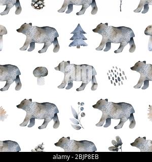 Motivo senza cuciture con simpatici orsi in stile scandinavo. Illustrazione. Illustrazione dei bambini per il disegno della stanza dei bambini. Ideale per vestiti per bambini, biglietto di auguri Foto Stock