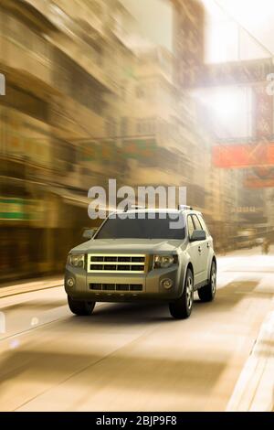 Rendering 3D di un SUV in movimento per le strade di Hong Kong la mattina presto. Foto Stock