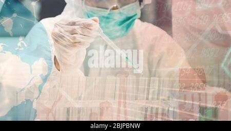 Illustrazione digitale di uno scienziato che indossa la maschera facciale Covid19 del coronavirus in laboratorio Foto Stock