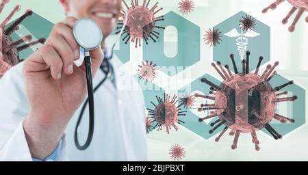 Illustrazione digitale di un medico che detiene uno stetoscopio su cellule macro Coronavirus Covid-19 fluttuanti Foto Stock