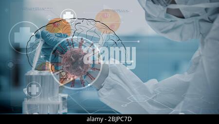 Illustrazione digitale di uno scienziato che indossa una maschera facciale su un disegno umano del cervello Foto Stock