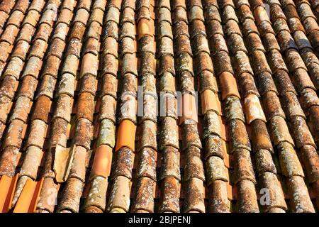 Vecchio tetto piastrellato di colore rosso, Italia Foto Stock