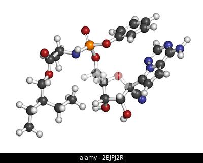 Molecola di farmaco antivirale di Remdesivir. Rendering 3D. Gli atomi sono rappresentati come sfere con codifica a colori convenzionale: Idrogeno (bianco), carbonio (grigio), n Foto Stock