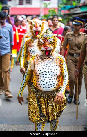 Pulikkali tiger o esecutori di danza dalle strade di thrissur ,kerala,l'india durante la celebrazione onam Foto Stock