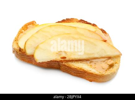 Delizioso toast con burro di arachidi e pera, isolato su bianco Foto Stock