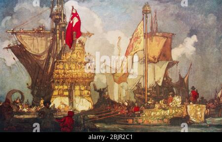 Regina Elisabetta Io vado a bordo del Golden Hind, dopo il dipinto di Frank Brangwyn. Dalla Gran Bretagna e dai suoi vicini, 1485 - 1688, pubblicato 1923. Foto Stock