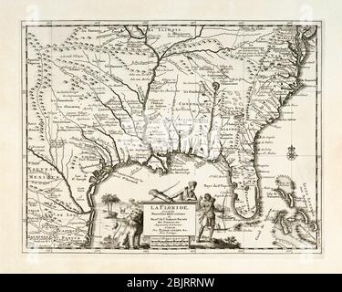 La Floride. Mappa del Nord America sudorientale, compresa la Florida, che mostra i villaggi dei nativi americani e gli insediamenti francesi, spagnoli e inglesi. Pubblicato da Pieter van der AA, Leiden, circa 1713. Foto Stock