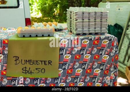 Uova di Bumbuster in vendita a Daylesford Sunday Market, Daylesford Spa Country Railway, Daylesford, Victoria, Australia Foto Stock