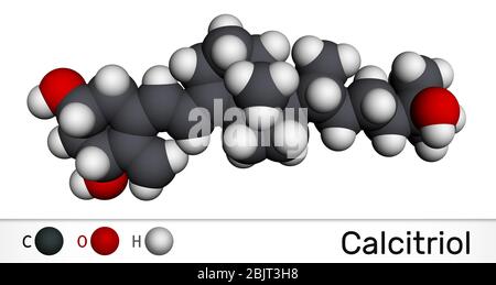 Calcitriolo, vitamina D, molecola C27H44O3. È l'idrossicalitolo, membro delle vitamine D3 e del triolo. Modello molecolare. Rendering 3D Foto Stock