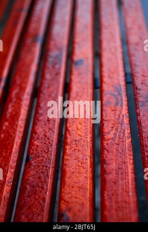 panca bagnata in travi di legno di quercia sulla strada Foto Stock