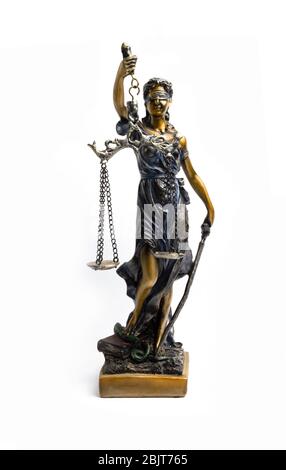 Statua in bronzo di THEMIS su sfondo bianco. Primo piano Foto Stock