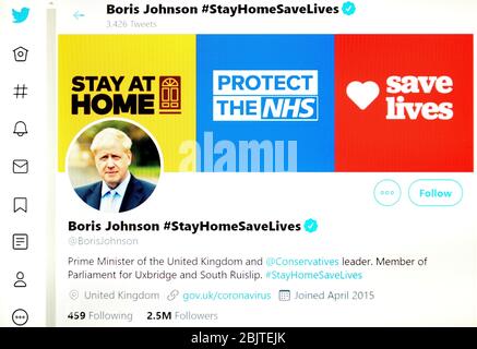 Pagina Twitter (maggio 2020) : Boris Johnson, primo Ministro britannico Foto Stock