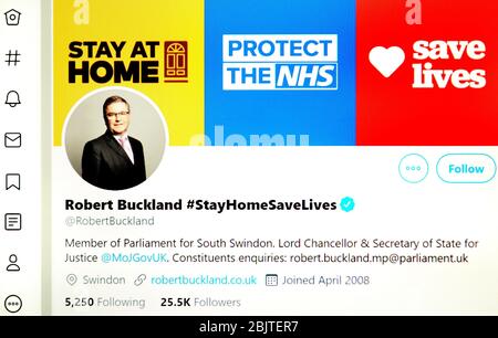 Pagina Twitter (maggio 2020) : Robert Buckland, Lord Cancelliere e Segretario di Stato per la Giustizia Foto Stock