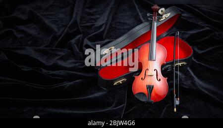 violino con custodia su velluto scuro con spazio per copia Foto Stock