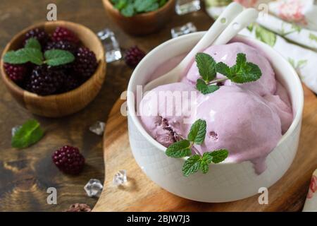 Gelato biologico fatto in casa con menta. Gelato BlackBerry in ciotola bianca su un tavolo rustico. Foto Stock