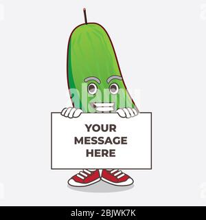 Un'illustrazione di un personaggio di mascotte di fumetti cetrioli con un viso divertente si nasconde dietro un tabellone Foto Stock