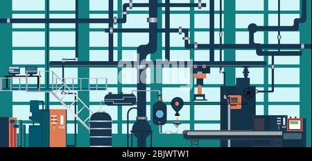 Vettore di attrezzature e tubazioni all'interno di una centrale industriale moderna Illustrazione Vettoriale
