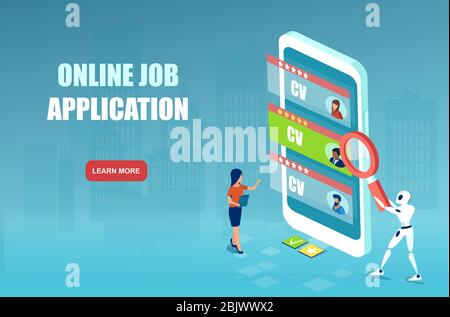 Vettore di domanda di lavoro online automatizzata e la migliore preselezione del candidato per il lavoro aziendale. Illustrazione Vettoriale