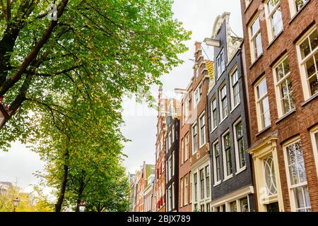 Immagine di un frontone di edifici tipici antichi ad Amsterdam, Paesi Bassi Foto Stock