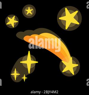 Stelle decorative Set icona piatta isolato su sfondo nero. Dodle meteor in notte cielo elemento. Illustrazione vettoriale Cartoon a stella cadente. Clip art per adesivi semplici gialli per il design grafico. Illustrazione Vettoriale