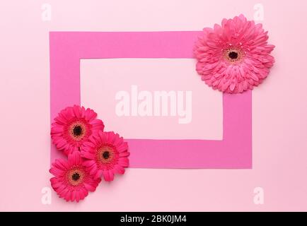 Telaio della carta e bellissimi fiori di gerbera sul colore di sfondo Foto Stock