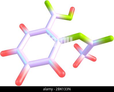 Un modello molecolare dell'aspirina analgesica. Isolato su bianco. Foto Stock