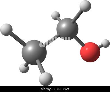 Molecola di alcol (etanolo, alcol etilico), struttura chimica. Formula  scheletrica stilizzata (struttura chimica). Gli atomi vengono visualizzati  come cerchi codificati con colori Foto stock - Alamy
