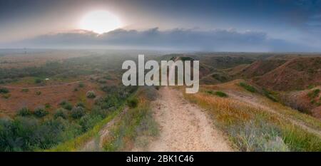 Vista panoramica di una singola strada ciclabile all'alba sulle colline del Negev vicino al confine di Gaza. Panorama ad alta risoluzione scattato nella stagione primaverile Foto Stock