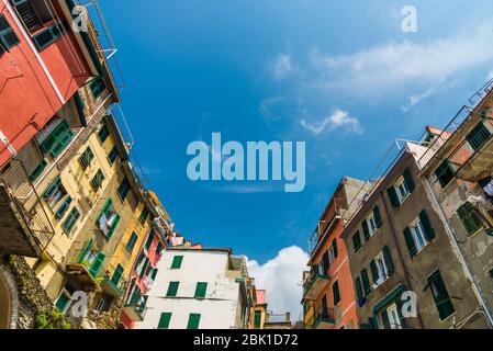 Case colorate di architettura italiana nel villaggio di Riomaggiore, cinque Terre. Foto Stock