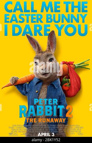 DATA DI USCITA: Gennaio 2021 TITOLO: Peter Rabbit 2: The Runaway STUDIO: Sony Pictures Animation DIRECTOR: Will Gluck TRAMA: Thomas e Bea sono ora sposati e vivono con Peter e la sua famiglia di conigli. Annoiato di vita nel giardino, Pietro va nella grande città, dove incontra i personaggi ombrosi e finisce per creare caos per tutta la famiglia. CON PROTAGONISTA: Peter Rabbit poster art. (Credit Image: © Sony Pictures Animation/Entertainment Pictures) Foto Stock