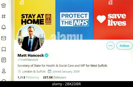 Pagina Twitter (maggio 2020) : Matt Hancock, Ministro della Sanità Foto Stock