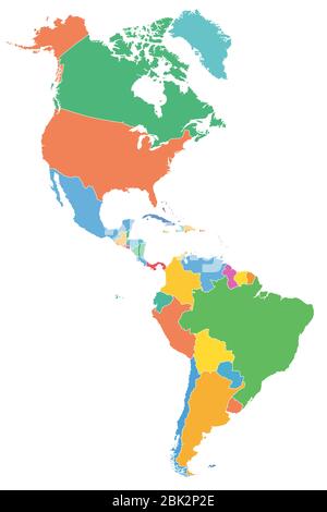 Le Americhe, mappa politica con singoli stati in colori diversi. Paesi dei Caraibi, del Nord, Centro e Sud America. Silhouette. Foto Stock