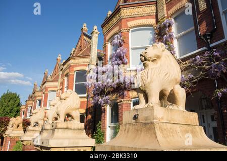 Statue di leoni sulle gabbie e i gatedposts di Wisteria Clad Lion Houses a Barnes, Londra, SW13, Regno Unito Foto Stock