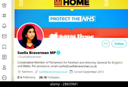 Pagina Twitter (maggio 2020) : Suella Braverman MP, Procuratore Generale Foto Stock