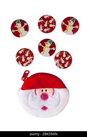 Wilko Belgian Milk Chocolate Coins Snowmen cioccolatini pronti per Natale con Babbo Natale Babbo Natale borsa - concetto bambini soldi Foto Stock