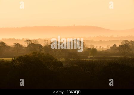 Una nebbia d'autunno sulla campagna del Somerset vista da Beacon Hill vicino Shepton Mallet con Alfred's Tower in lontananza, Inghilterra. Foto Stock