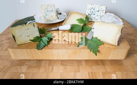Presentazione del cibo del cheesboard mostra di formaggi artigianali: Aglio Yarg, Gorgonzola, Ossau Iraty, Blue d'Auvergne e Gorwydd Caerphilly formaggio Foto Stock