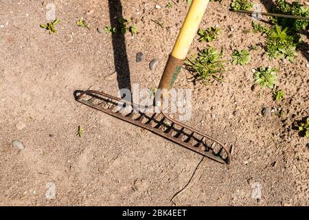 Foto ravvicinata di un rastrello da giardino scattato in una giornata di sole. Foto Stock