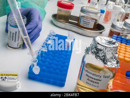 Analisi scientifica del campione di acque reflue in laboratorio, indagine di possibile contaminazione da parte di Sars-Cov-2 nell'uomo, immagine concettuale Foto Stock