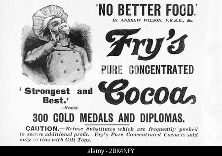 Old Victorian Fry's pubblicità di cibo al cioccolato a partire dai primi del 1900, nei giorni prima degli standard pubblicitari. Pubblicità di prodotti alimentari vecchi, annunci di prodotti alimentari vecchi. Foto Stock