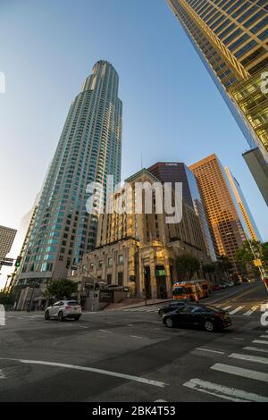 Vista dei grattacieli del centro durante l'ora d'oro, Los Angeles, California, Stati Uniti d'America, Nord America Foto Stock