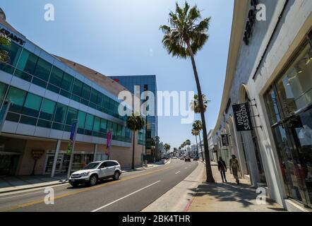 Vista di negozi e palme su Santa Monica Boulevard, Beverley Hills, Los Angeles, California, Stati Uniti d'America, Nord America Foto Stock